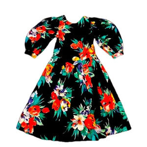 BETH TERRELL by Johnston Vintage Puff Sleeve Navy & Floral dress 80’s Cotton USA